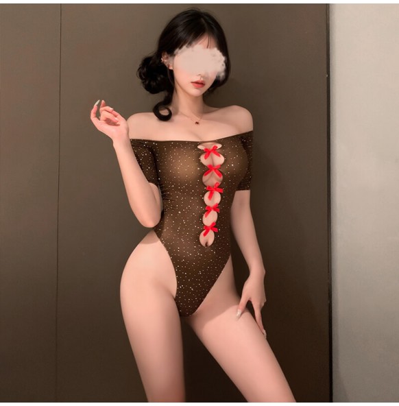 FEE ET MOI - Butterfly Hollow American Style Rhinestone Mesh Bodysuit (Coffee Color) FEE ET MOI - Butterfly Hollow American Style Rhinestone Mesh Bodysuit (Coffee Color)